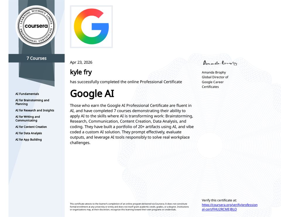 Kyle Fry's Google AI Professional Certificate, issued through Coursera, 23 April 2026
